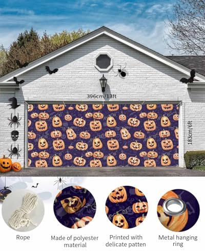 Funny Orange Pumpkin Garage Door Cover 7x8ft with Hanging Rings