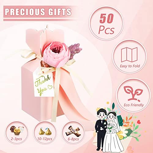 TaoBary 50 Pcs Pink Wedding Gift Boxes with Bow and Flower