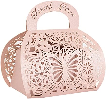 25PCS Pink Laser Cut Favor Boxes with Handle