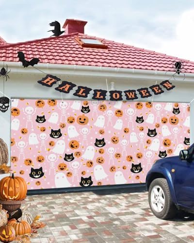 Halloween Ghost Black Cat Pumpkin Skull Garage Door Cover 7x8ft