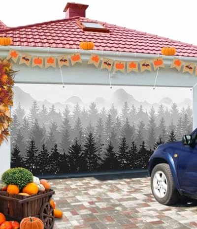 IDOWMAT Black Gray Gradient Trees Garage Door Cover 7x8ft