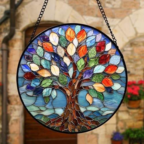 Stained Glass Window Hanging Blue Tree of Life Suncatcher