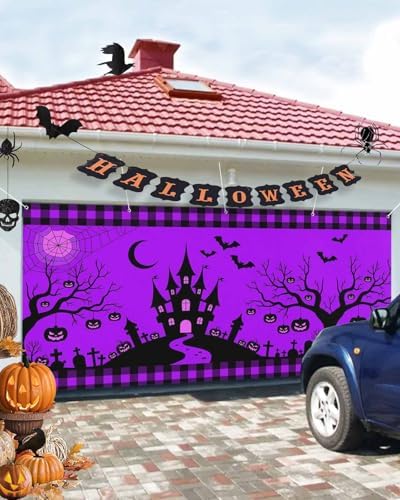 Halloween Castle Bat Garage Door Cover 7x8ft with Grommets