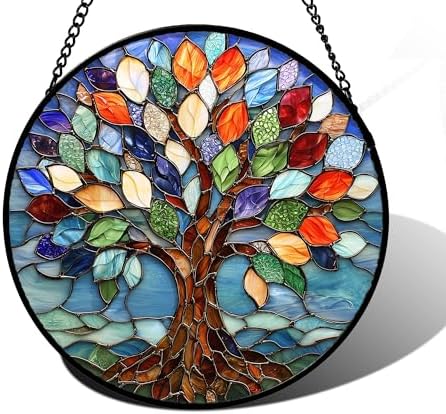 Stained Glass Window Hanging Blue Tree of Life Suncatcher