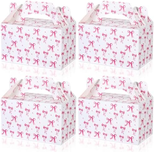 24 Pack Pink Bow Gift Boxes with Handles for Party