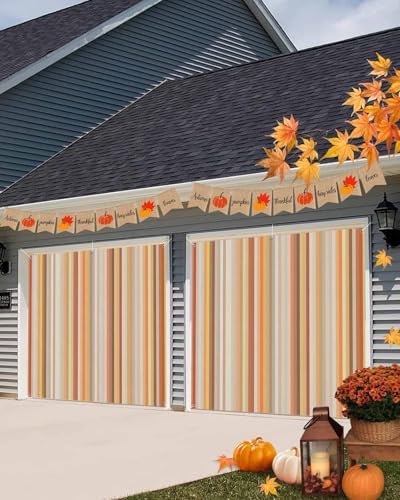 Geometric Orange Stripes Garage Door Cover 7x16ft Modern Decor