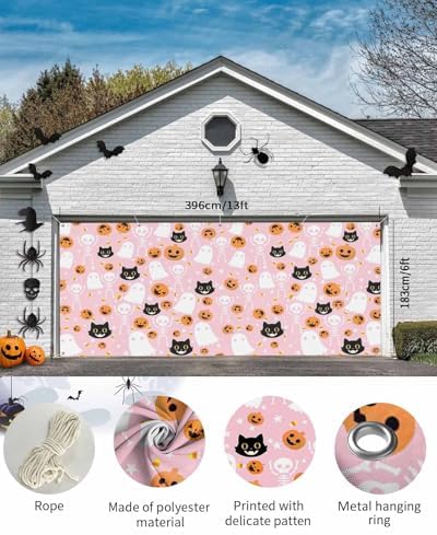 Halloween Ghost Black Cat Pumpkin Skull Garage Door Cover 7x8ft