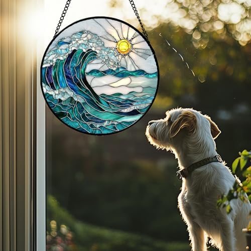 Stained Glass Window Hanging Blue Green Waves Suncatcher 78 Inches