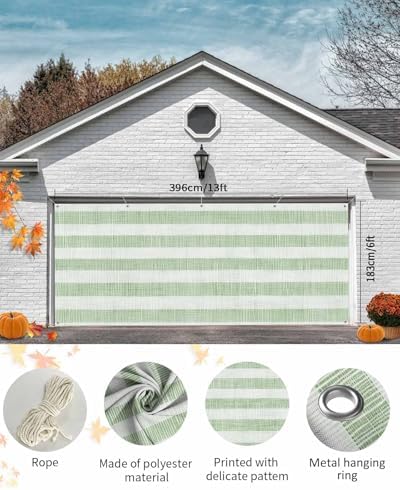 Farmhouse Sage Green Striped Linen Garage Door Cover 7x8ft