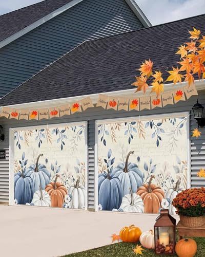 IDOWMAT Blue Pumpkin Autumn Leaves Butterfly Garage Door Cover 7x8ft