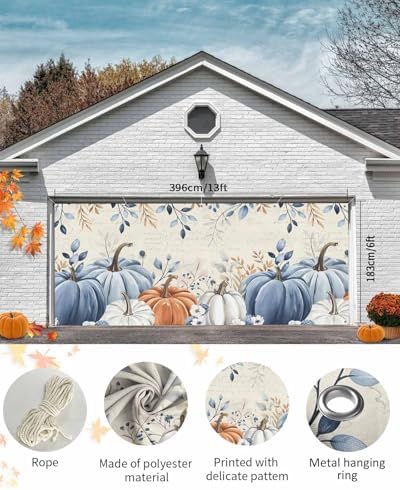 IDOWMAT Blue Pumpkin Autumn Leaves Butterfly Garage Door Cover 7x8ft