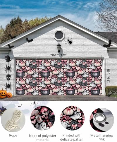 Halloween Cat Ghost Heart Garage Door Cover 7x8ft Black