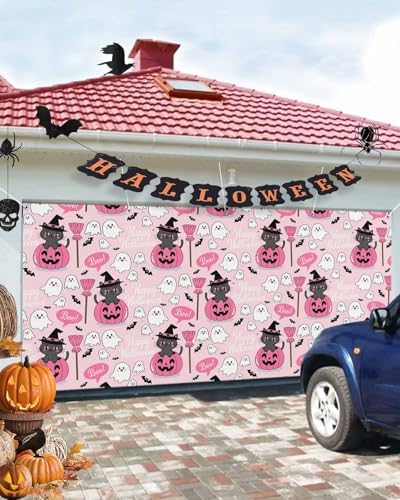 IDOWMAT Cartoon Pumpkin Cat Broom Garage Door Cover 6x13ft