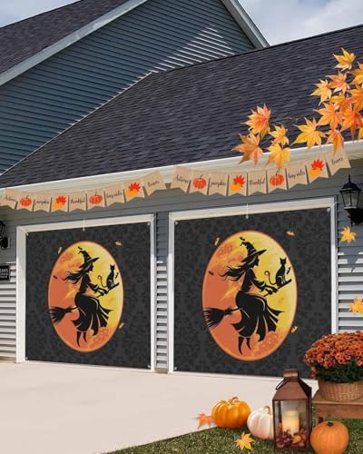 Halloween Black Witch Cat Garage Door Cover 7x8ft