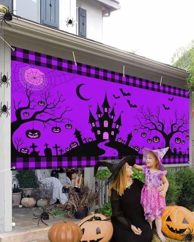 Halloween Castle Bat Garage Door Cover 7x8ft with Grommets
