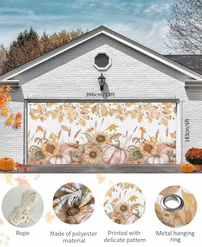 IDOWMAT Autumn Pumpkin Sunflower Garage Door Cover 7x8ft