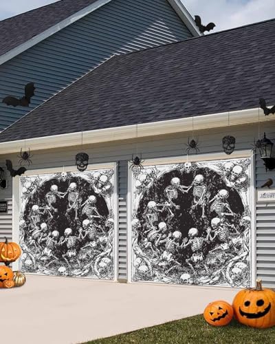 Halloween Skeletons Garage Door Cover 7x8ft Retro Modern Art Banner