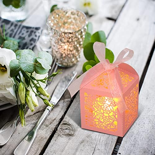 100pcs Pink Laser Cut Favor Boxes with Ribbons