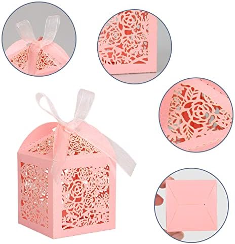 100pcs Pink Laser Cut Favor Boxes with Ribbons