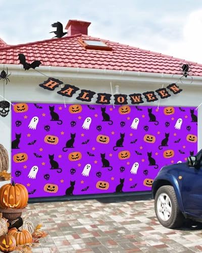 Halloween Ghost Pumpkin Garage Door Cover 7x8ft Purple
