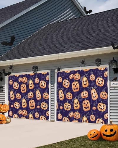 Funny Orange Pumpkin Garage Door Cover 7x8ft with Hanging Rings