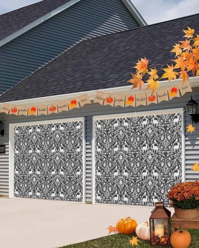 Grey Boho Reindeer Garage Door Cover 6x13ft with Grommets