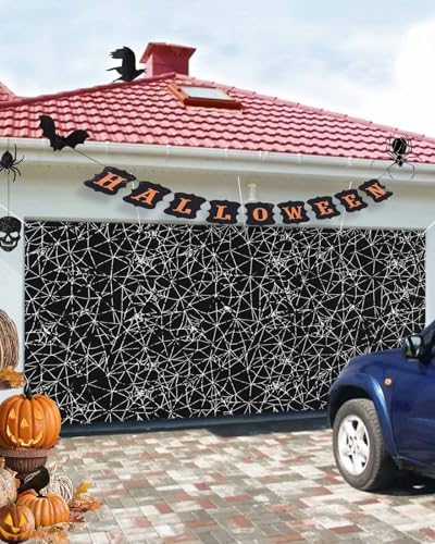 Scary Halloween Black Cobweb Garage Door Cover 7x8ft