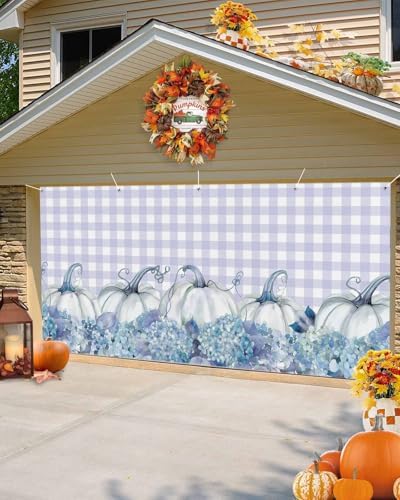 IDOWMAT Fall Thanksgiving Pumpkin Hydrangea Floral Garage Door Cover 6x13ft
