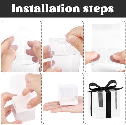 Hxezoc 50 Pack Clear Favor Boxes 2x2x2 Inches with Black Ribbons