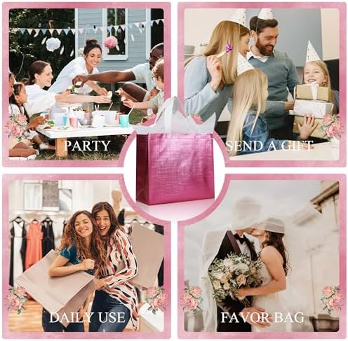 Pink Reusable Gift Bags with Handles 25 Pcs Metallic Design