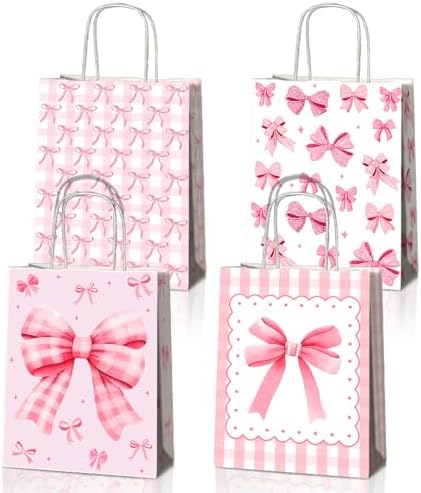 JOYGATHER 24 Pcs Pink Bow Party Favor Bags with Handles