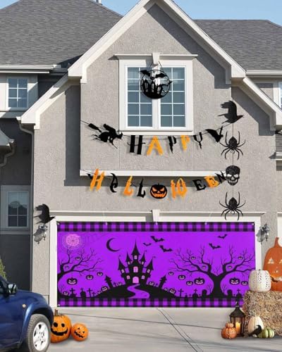 Halloween Castle Bat Garage Door Cover 7x8ft with Grommets