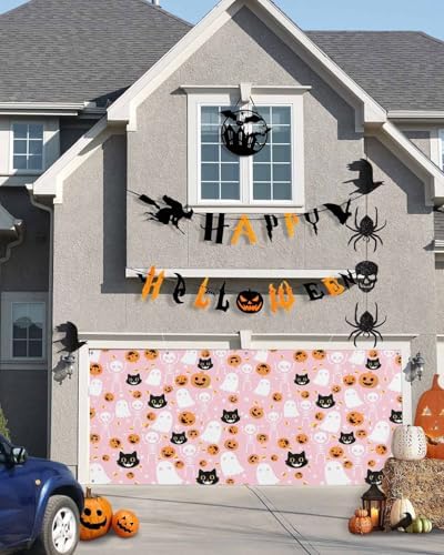 Halloween Ghost Black Cat Pumpkin Skull Garage Door Cover 7x8ft