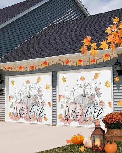 IDOWMAT Fall Thanksgiving Pumpkin Vine Leaf Garage Door Cover 7x8ft