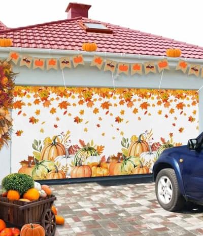 Thanksgiving Pumpkin Maple Leaves Garage Door Cover 7x8ft
