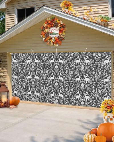 Grey Boho Reindeer Garage Door Cover 6x13ft with Grommets