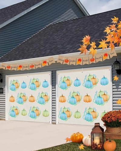 IDOWMAT Fall Thanksgiving Field Pumpkin Garage Door Cover 7x8ft Green
