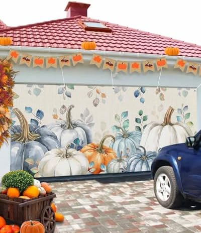 Autumn Pumpkin Garage Door Cover 7x8ft Blue Eucalyptus Leaves Hanging Banner