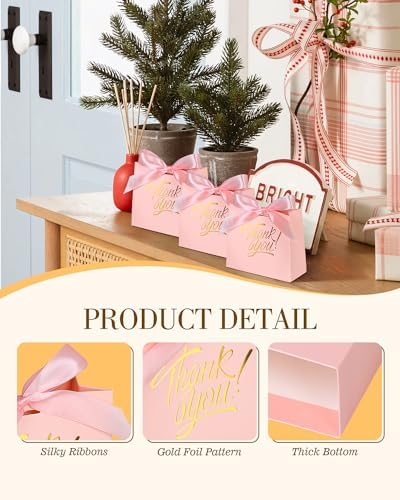 EQOREIIN Small Kraft Gift Bags - 70 Pack with Bow Ribbon Pink 45x18x39 Inches