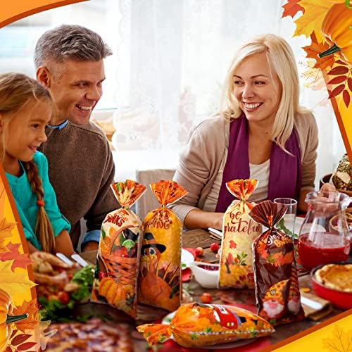 120 Pcs Thanksgiving Cellophane Bags with Gold Twist Ties
