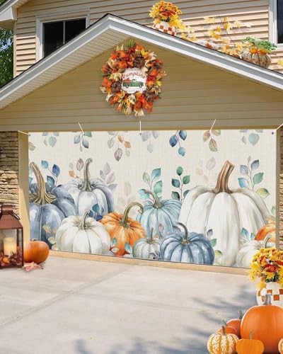 Autumn Pumpkin Garage Door Cover 7x8ft Blue Eucalyptus Leaves Hanging Banner
