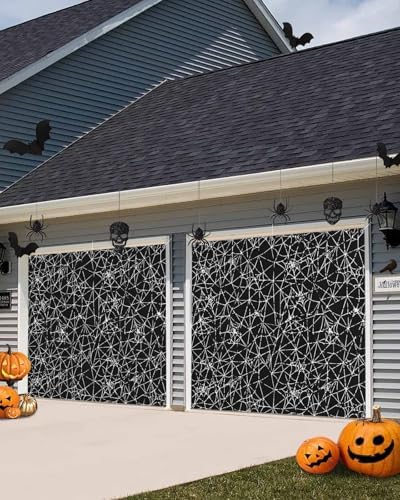 Scary Halloween Black Cobweb Garage Door Cover 7x8ft