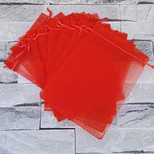 50 Piece Organza Gift Bags 5x7 Red Drawstring Sheer Pouches
