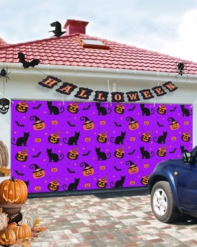 Halloween Cat Pumpkin Ghost Face Bat Garage Door Cover 7x8ft Purple