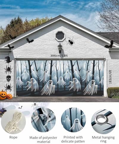 Halloween Ghost Decor Garage Door Cover 7x8ft Black