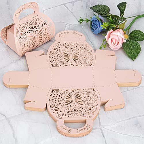 25PCS Pink Laser Cut Favor Boxes with Handle