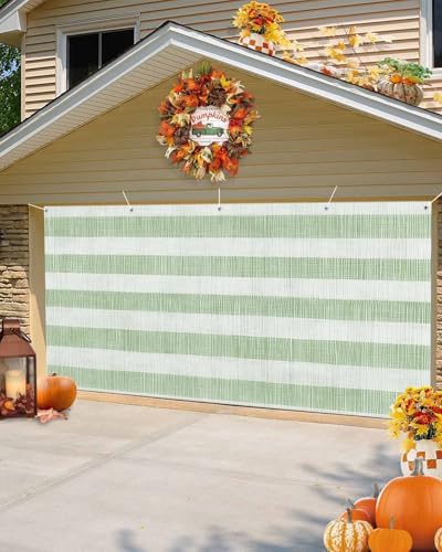 Farmhouse Sage Green Striped Linen Garage Door Cover 7x8ft