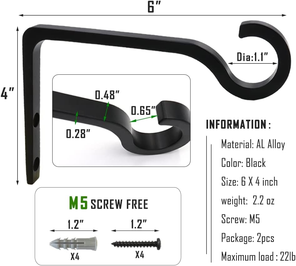 QIEGL 6 Inch Metal Plant Hook 2 Pack Black