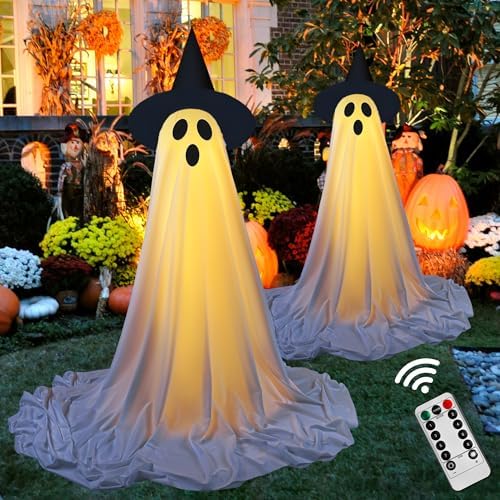 2Packs Halloween Ghost Decorations with Remote Control String Lights