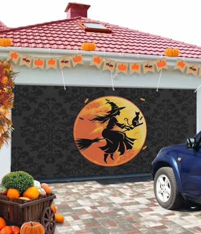Halloween Black Witch Cat Garage Door Cover 7x8ft